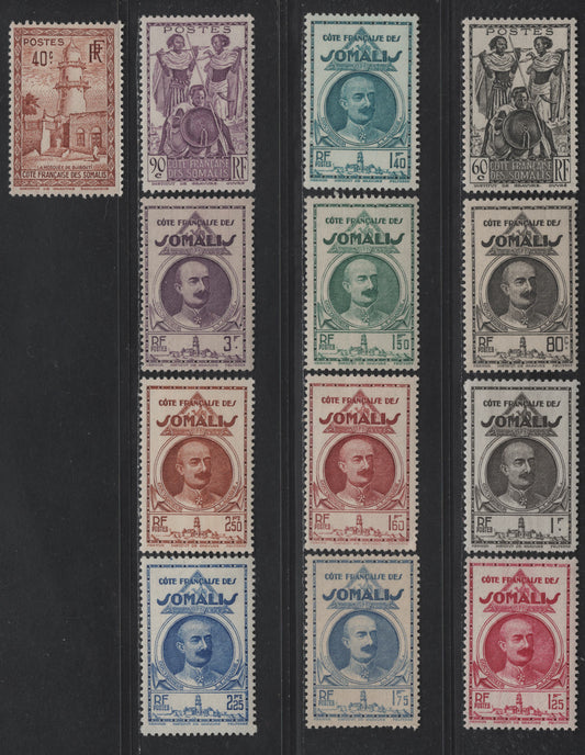 Lot 101 Somali Coast SC#156, 160, 163-164, 166-171, 173-175 40c - 3fr Orange Brown - Dull Violet Mosque of Djibouti - Governor Leonce Lagarde, 1938-1940 Mosque & Lagarde Definitive Issue, 13 F/VFOG Singles