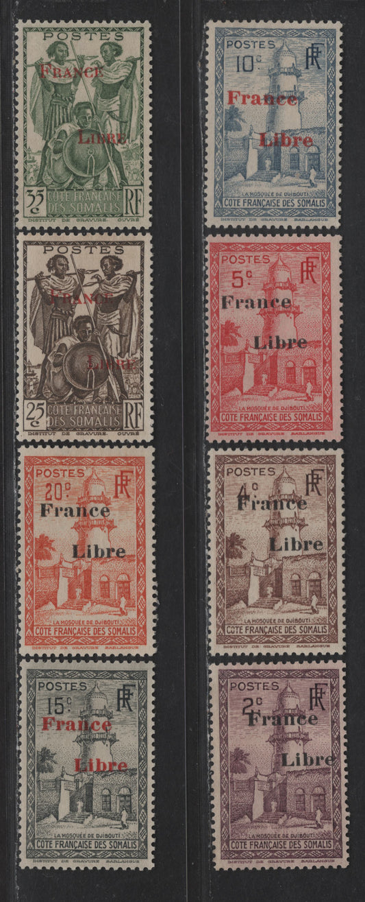 Lot 103 Somali Coast SC#194, 196-201, 203 2c - 25c Dull Red Violet - Green Mosque of Djibouti - Somali Warriors, 1943 France Libre Overprinted Issue, 8 F/VFOG & Unused Singles