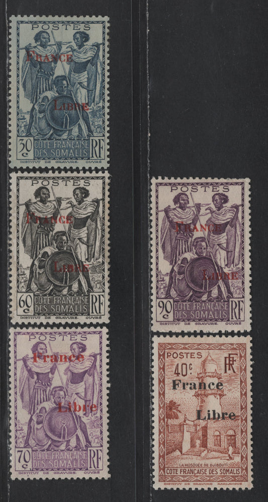 Lot 104 Somali Coast SC#202, 204, 207-208, 210 30c - 90c Dark Blue - Rose Violet Somali Warriors - Mosque, 1943 France Libre Overprinted Issue, 5 F/VFOG Singles