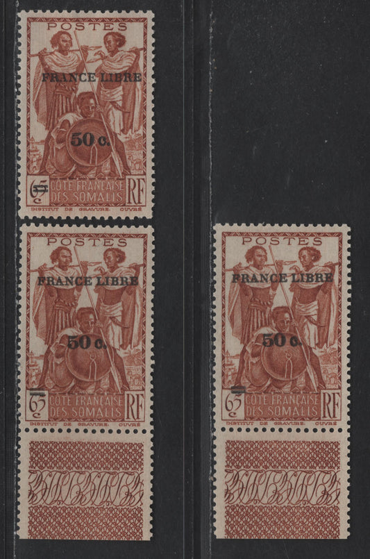 Lot 105 Somali Coast SC#223var 50c on 65c Orange Brown Somali Warriors, 1943 France Libre Overprinted Issue, 3 VFNH/OG Singles, Regular & Shifted Overprints, Some So Significant The Value Tablet Is Nearly Missed By The Bars