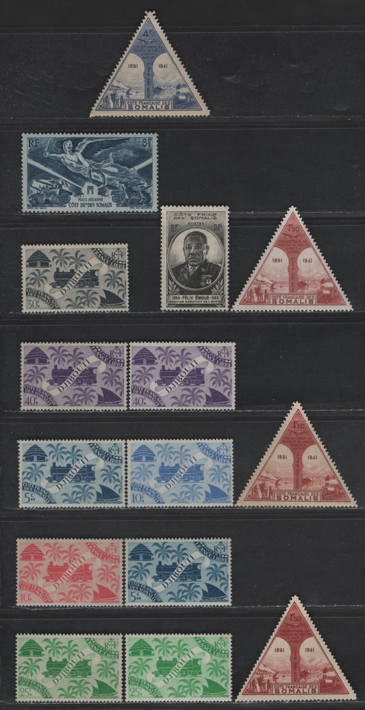 Lot 106 Somali Coast SC#224-228, 236, 238, C7A-B, C8 5c - 4fr Royal Blue - Ultramarine Locomotive & Palms - Victory, 1943-1946 Locomotive & Palms - Airmial Issues, 15 F/VFNH/OG Singles, Additional Shades