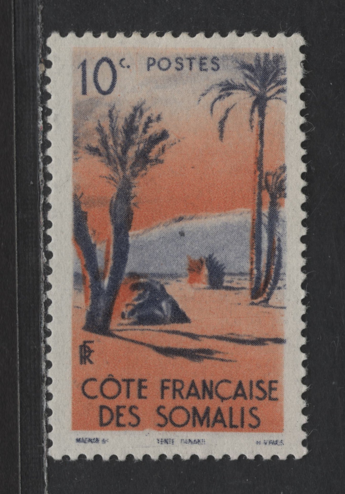 Lot 107 Somali Coast SC#248var 10c Violet Blue & Orange Danakil Tent, 1947 Pictorial Definitive Issue, A VFOG Single, 'Stranded Swimmer' Variety, Possibly Constant & Unlisted