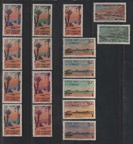 Lot 108 Somali Coast SC#248-255 10c - 1.20fr Violet & Blue - Blue Green & Olive Danakil Tent - Obock-Tadjouran Road, 1947 Pictorial Definitive Issue, 16 F/VFOG Singles, Shade Variations