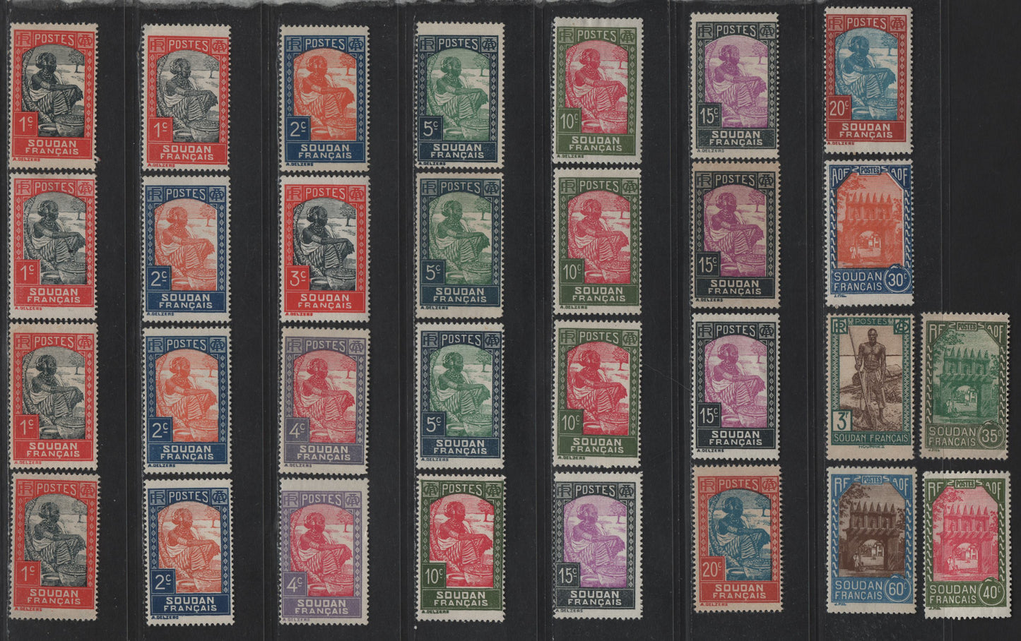 Lot 110 French Sudan SC#61-68, 71-73, 78, 98 1c - 3fr Dark Red & Black - Prussian Green & Brown Sudanese Woman - Sudanese Boatman, 1931-1940 Pictorial Issue, 29 F/VFOG/NH & Unused Singles, Additional Shades