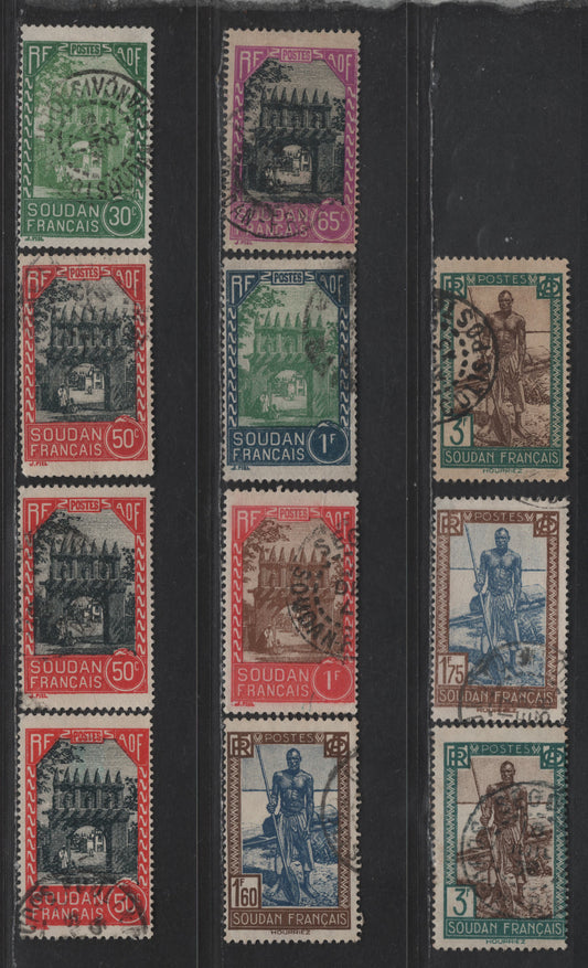Lot 111 French Sudan SC#70, 76, 79, 85-86, 92-93, 98 30c - 3fr Green & Light Green - Prussian Green & Brown Entrance to Residency at Djenne - Sudanese Boatman, 1931-1940 Pictorial Issue, 11 Fine/Very Fine Used Singles, Additional Shades