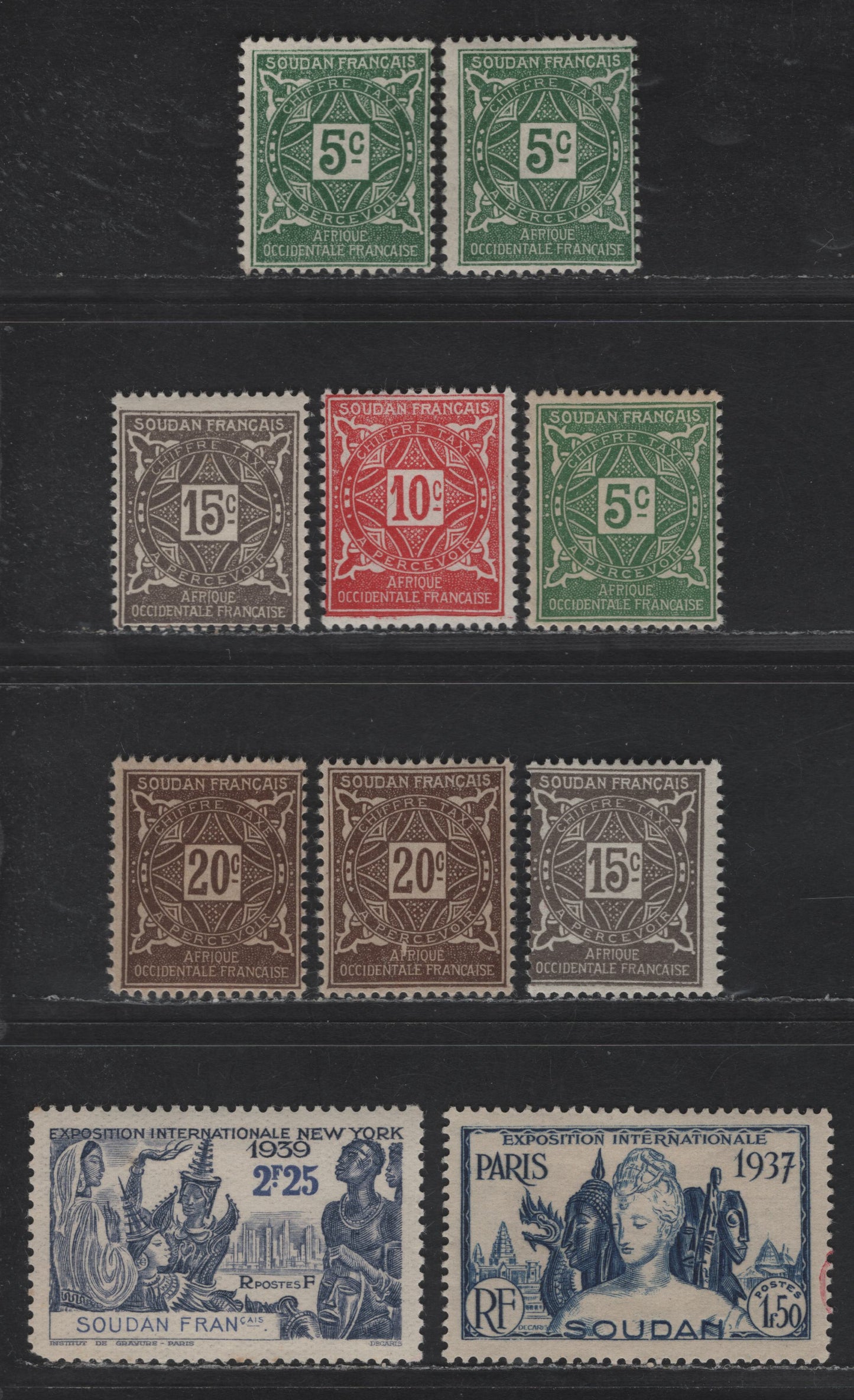 Lot 112 French Sudan SC#111, 117, J11-J14 1.50fr - 20c Ultramarine - Dark Brown Paris Int'l Exposition - Numerals, 1931-1937 Paris Expo - Postage Due Issues, 10 F/VFOG & Unused Singles, Additional Shades