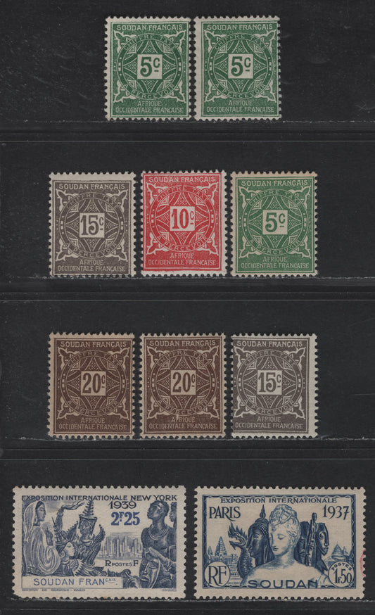 Lot 112 French Sudan SC#111, 117, J11-J14 1.50fr - 20c Ultramarine - Dark Brown Paris Int'l Exposition - Numerals, 1931-1937 Paris Expo - Postage Due Issues, 10 F/VFOG & Unused Singles, Additional Shades