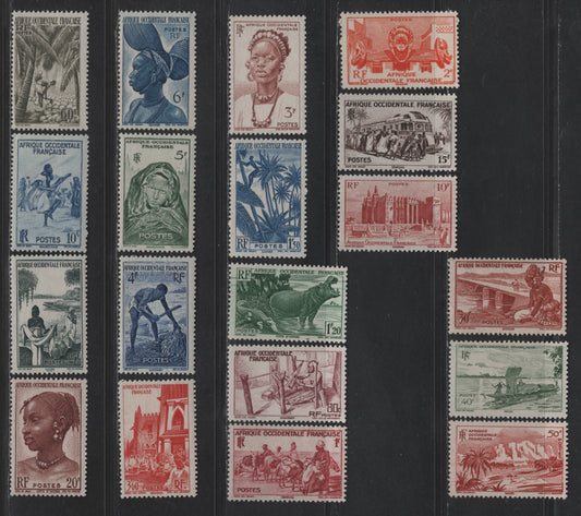 Lot 113 French West Africa SC#36-54 10c - 25fr Blue - Greenish Black Rifle Dance - Azwa Women At Niger River, 1947 Pictorial Definitive Issue, 19 VFOG/NH Singles, 60c Is NH, Rest OG