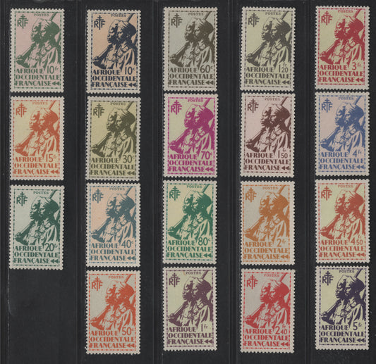 Lot 115 French West Africa SC#17-35 10c - 20fr Indigo & Buff - Slate Green & Greenish Colonial Soldier, 1945 Pictorial Issue, 19 VFOG Singles