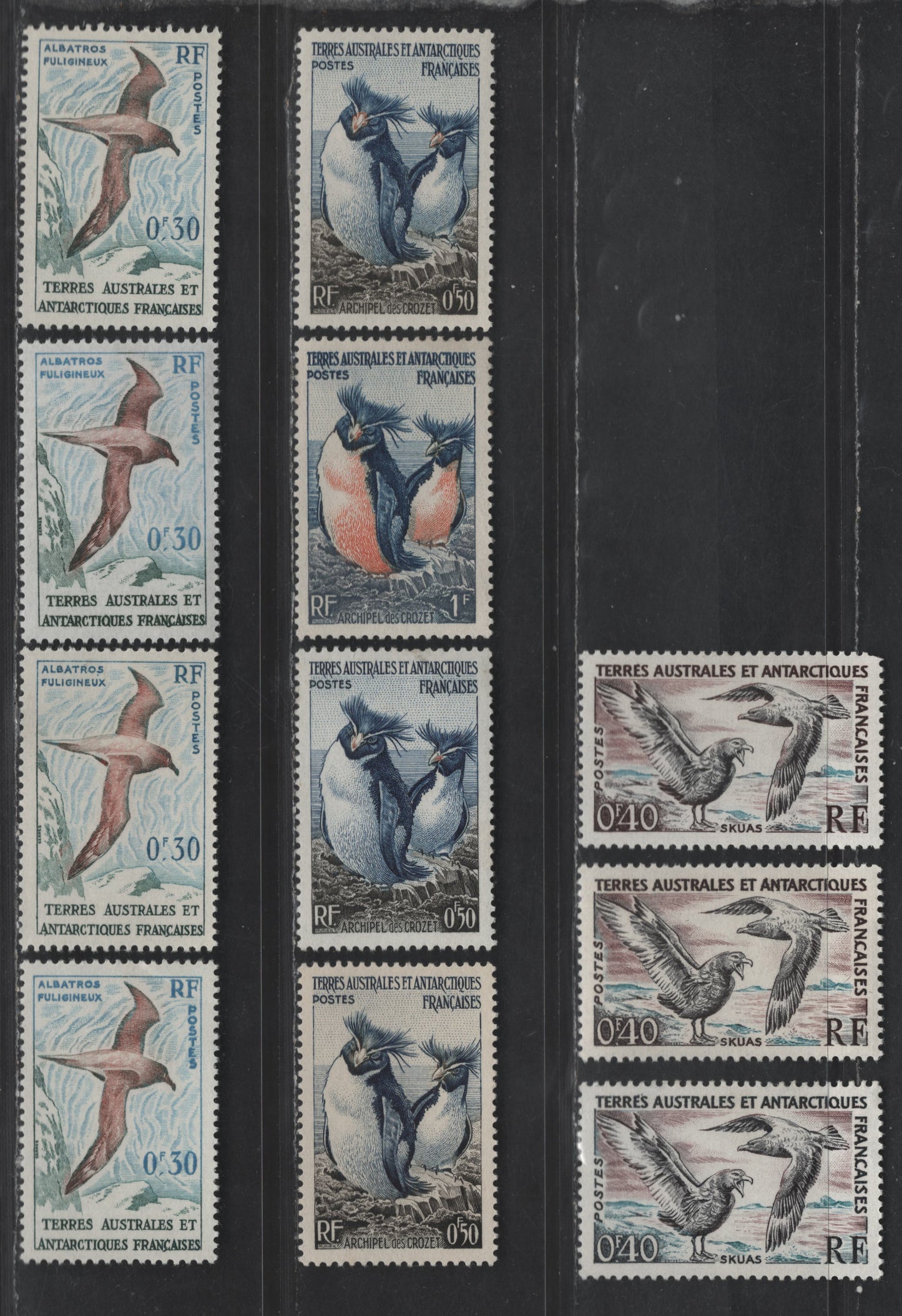 Lot 116 French Southern Antarctic Territory SC#1-3, 12-13 50c - 40c Dark Blue, Sepia & Yellow - Black, Dull Red Brown & Blue Rockhopper Penguins - Light-Mantled Sooty Albartoss, 1956-1959 Pictorial Issues, 11 VFOG Singles, Paper & Shade Variations