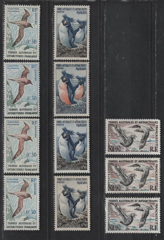 Lot 116 French Southern Antarctic Territory SC#1-3, 12-13 50c - 40c Dark Blue, Sepia & Yellow - Black, Dull Red Brown & Blue Rockhopper Penguins - Light-Mantled Sooty Albartoss, 1956-1959 Pictorial Issues, 11 VFOG Singles, Paper & Shade Variations