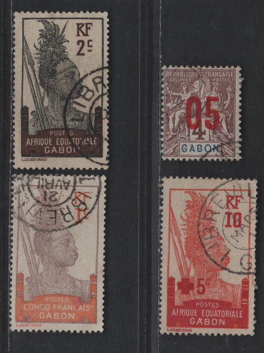 Lot 118 Gabon SC#33, 50, 73, B3 1c - 10c+5c Chocolate & Orange - Red & Carmine Fang Warriors - Surcharged Fang Warrior, 1910-1922 Pictorial Definitives & Semi Postal Issues, 4 Fine/Very Fine Used Singles, Surcharged With 1.5mm Space Between Figures