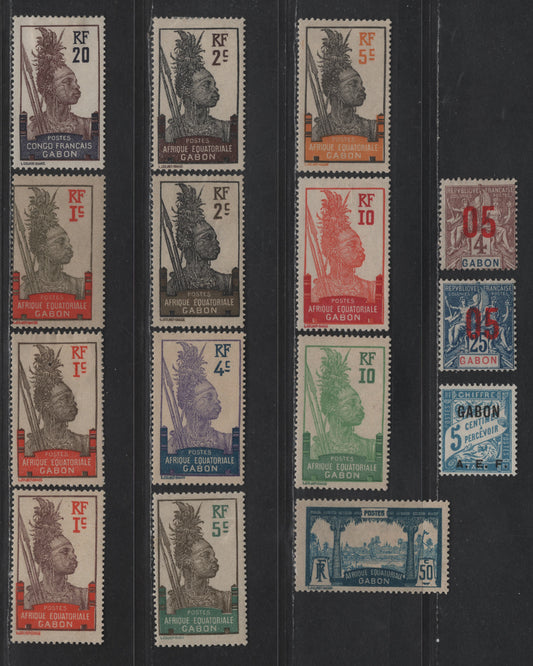 Lot 119 Gabon SC#38, 49,c, 50,b, 51-53, 54b, 55, 67, 73, 76, J1 20c - 5c Chocolate & Dark Violet - Light Blue Fang Warrior - Banner, 1910-1922 Pictorial & Postage Due Issues, 15 F/VFOG Singles
