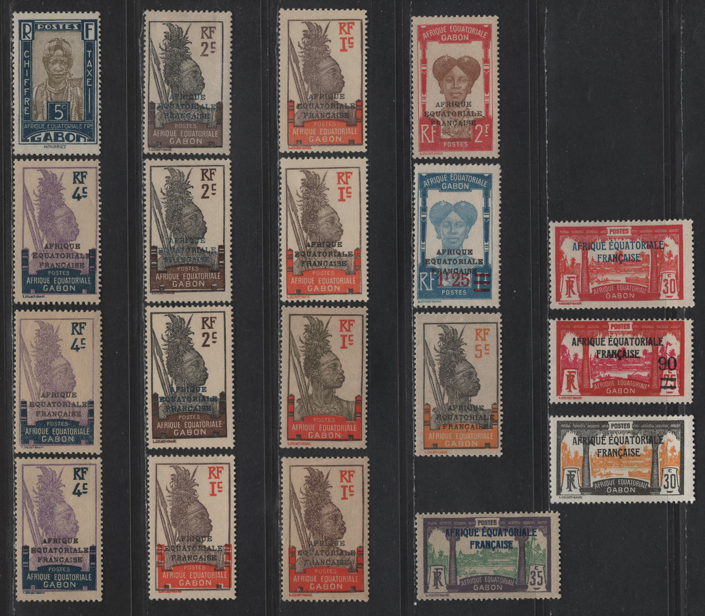 Lot 120 Gabon SC#85-88, 95-96, 98, 109, 114-115, J12 1c - 1.25fr on 1fr Brown & Orange - Blue & Light Blue Fang Warrior - Fang Woman, 1924-1930 Definitives & Postage Dues, 19 F/VFOG Singles