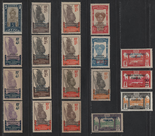 Lot 120 Gabon SC#85-88, 95-96, 98, 109, 114-115, J12 1c - 1.25fr on 1fr Brown & Orange - Blue & Light Blue Fang Warrior - Fang Woman, 1924-1930 Definitives & Postage Dues, 19 F/VFOG Singles