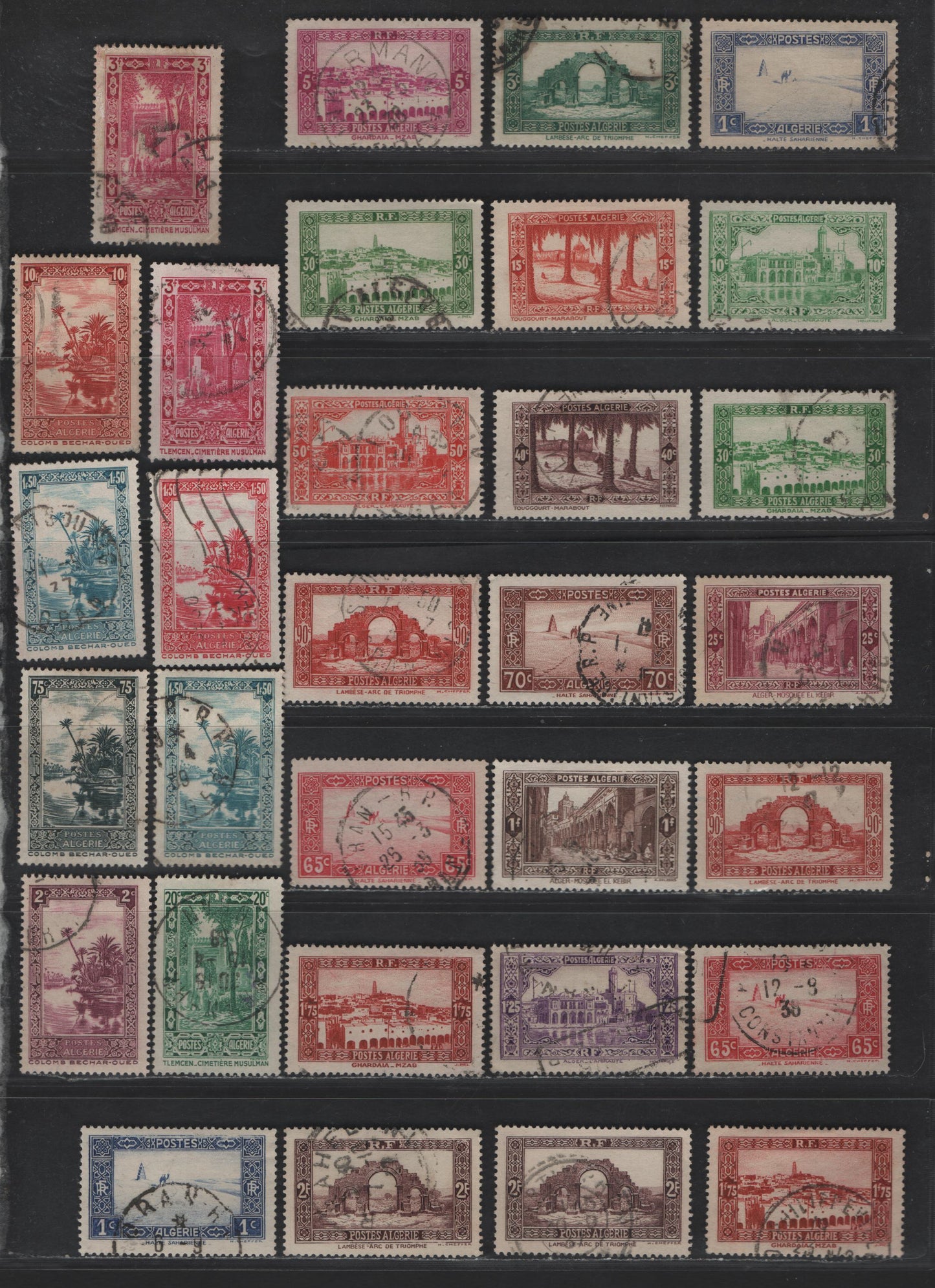 Lot 12 Algeria SC#79-90, 92-97, 99-100, 104, 107 1c - 10fr Ultramarine - Henna Brown Travel across the Sahara - Sidi Bon Medine Cemetery at Tiemcen, 1936-1941 Engraved Pictorial Issue, 31 Fine/Very Fine Used Singles, Shade Varieties of Several Values