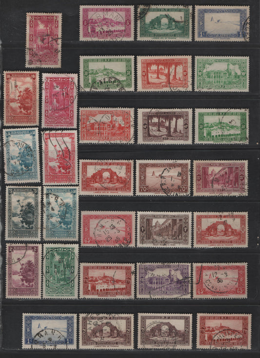 Lot 12 Algeria SC#79-90, 92-97, 99-100, 104, 107 1c - 10fr Ultramarine - Henna Brown Travel across the Sahara - Sidi Bon Medine Cemetery at Tiemcen, 1936-1941 Engraved Pictorial Issue, 31 Fine/Very Fine Used Singles, Shade Varieties of Several Values