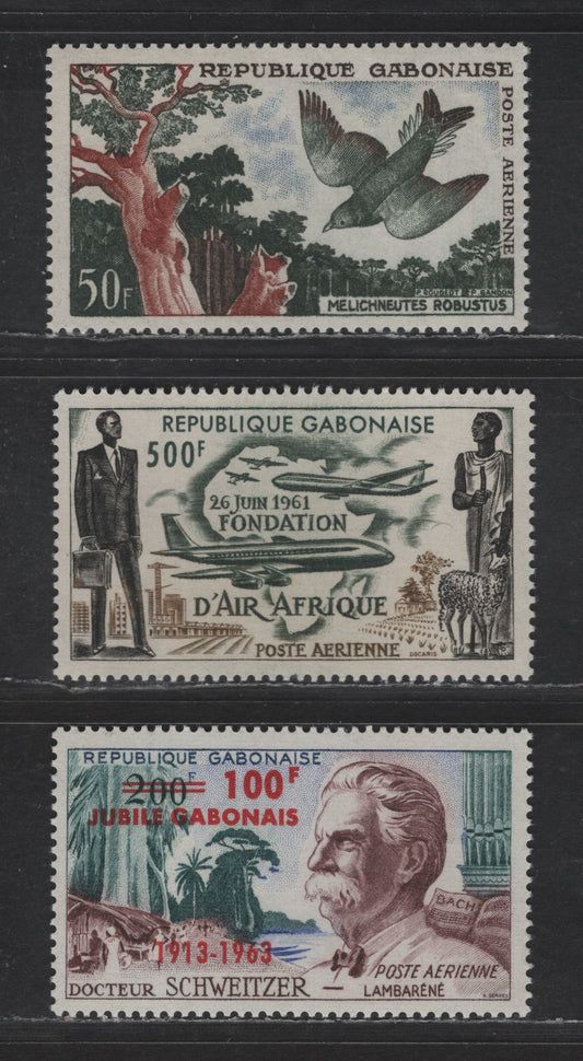Lot 121 Gabon SC#C4-C5, C11 50fr - 100fr on 200fr Slate Green, Red Brown & Ultramarine - Multicolored Lyre-Tailed Honey Guide - Dr. Albert Schweitzer, 1961-1963 Airmail Issue, 3 VFNH Singles