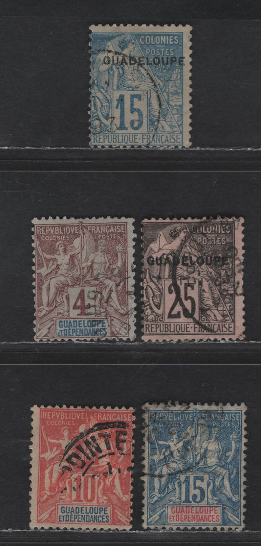 Lot 122 Guadeloupe SC#19, 21, 29, 33-34 15c Blue Navigation & Commerce, 1891-1901 Overprinted & Unoverprinted Navigation & Commerce Issues, 5 Very Good/Fine/Very Fine Used Singles, #34 On Quadrille Paper