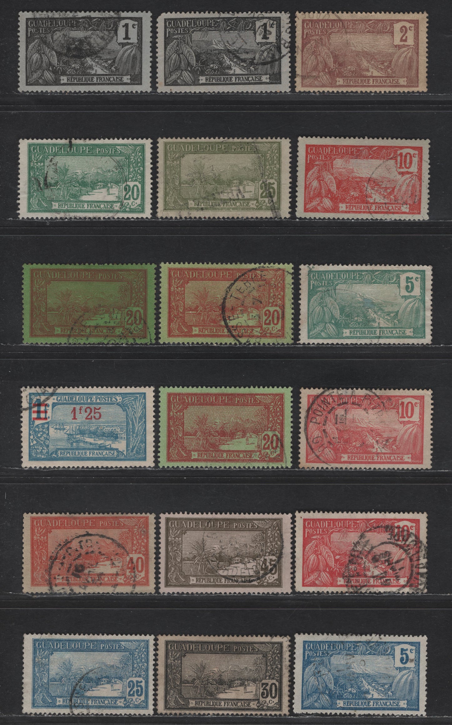 Lot 123 Guadeloupe SC#54-55, 57-59, 61, 63-67, 71-72, 91 1c - 45c Black on Bluish - Olive on Gray Lilac Harbor at Basse-Terre - Pointe-a-Pitre, 1905-1927 Pictorial Issues, 18 Fine/Very Fine Used Singles