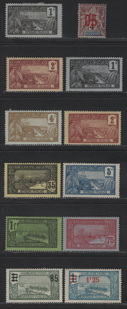 Lot 124 Guadeloupe SC#54-56, 58, 70, 78-79, 83, 88, 91 1c - 1.25fr on 1fr Black on Bluish - Light Blue Harbor at Basse-Terre - Pointe-a-Pitre, 1905-1927 Pictorial Issues, 11 F/VFOG Singles