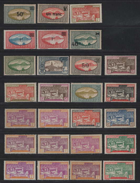 Lot 125 Guadeloupe SC#96-97, 99-105, 124, 161-163, 166 1c - 1fr on 6c Yellow & Violet - Gray Black & Vermillion Sugar Mill - Saints Roadstead, 1928-1944 Pictorial Definitive Issues, 26 F/VFOG Singles, Additional Shades