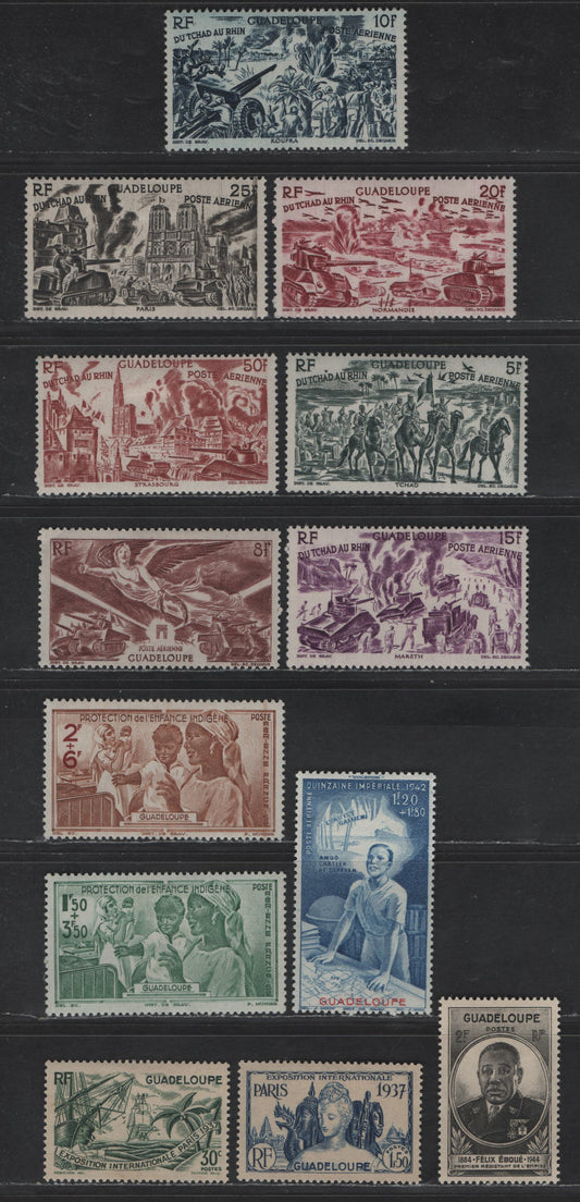 Lot 126 Guadeloupe SC#149, 153, 187, C3-C9 CB1-CB3 30c -1.20fr + 1.80fr Dark Green - Blue & Red Paris Int'l Exposition - Education, 1937-1942 Paris Expo - Colonial Education Fund Issues, 13 VFOG Singles