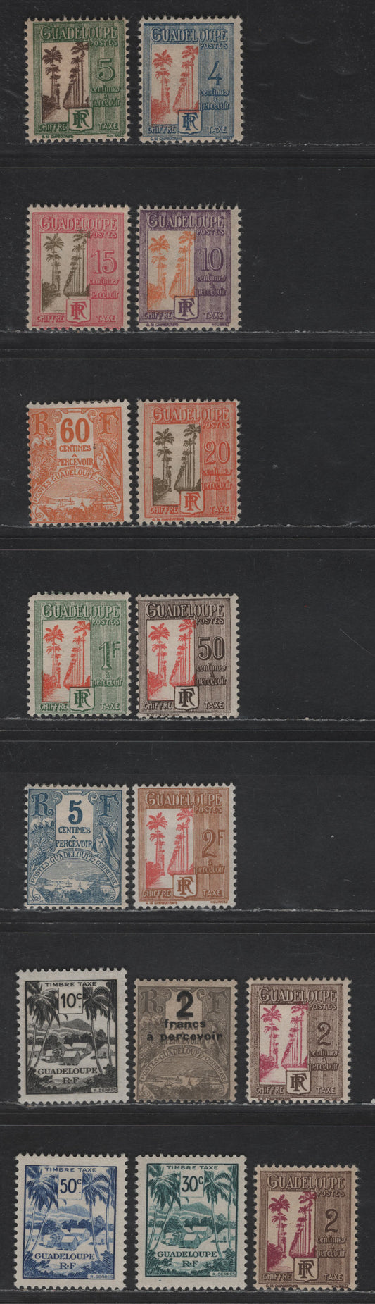 Lot 127 Guadeloupe SC#J15, J21, J23, J25-J30, J33, J35-J36, J38-J40 5c - 50c Blue - Bright Blue Numerals, 1905-1947 Postage Dues, 16 F/VFOG Singles