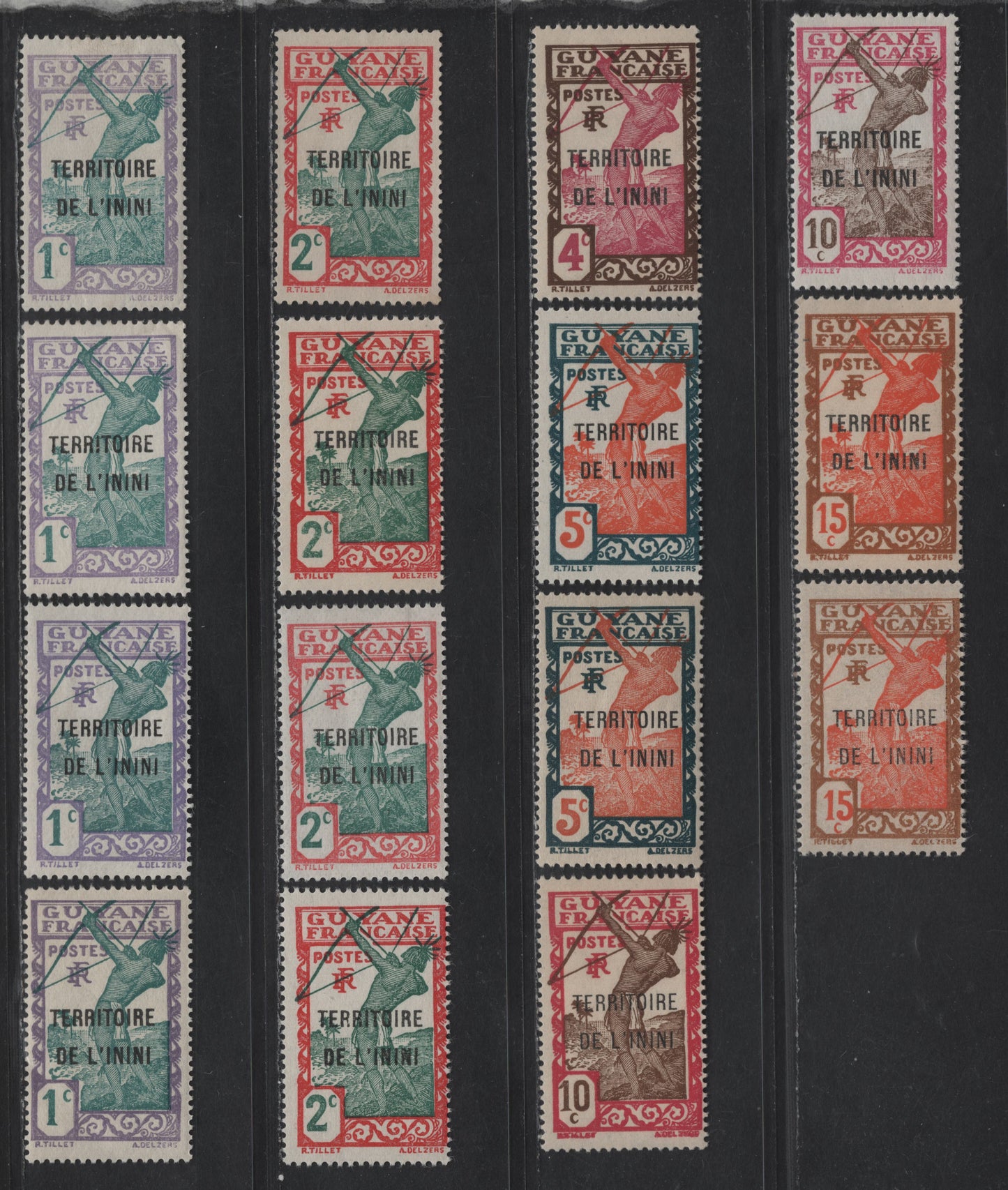Lot 130 Inini SC#1-2, 4-7 1c - 15c Grayish Lilac & Greenish Blue - Yellow Brown & Red Orange Bowman, 1932-1940 French Guiana Overprinted Issue, 15 F/VFOG Singles