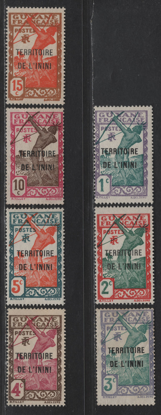 Inini SC#1-7 1c - 15c Grayish Lilac & Greenish Blue - Yellow Brown & Red Orange Bowman, 1932-1940 French Guiana Overprinted Issue, 7 F/VFOG Singles