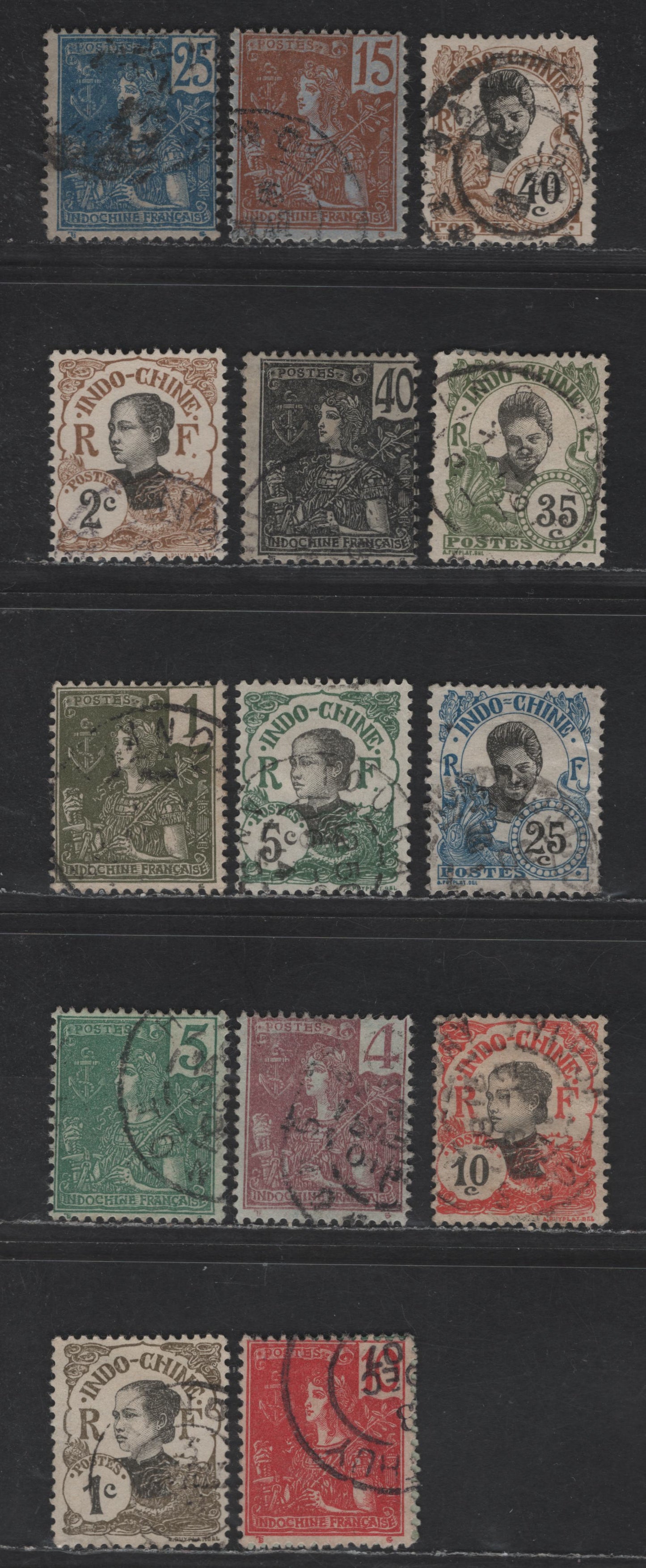 Lot 132 Indo-China SC#24, 26-29, 31, 34, 41-42, 44-45, 48, 50-51 1c - 40c Olive Green - Brown & Black France - Cambodian Girl, 1904-1907 France Figurine - Amamite & Cambodian Girl Definitive Issues, 15 Very Good/Fine/Very Fine Used Singles