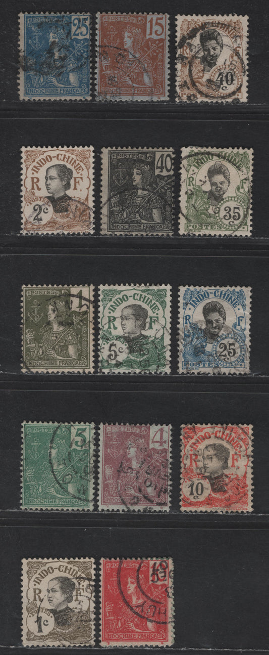 Lot 132 Indo-China SC#24, 26-29, 31, 34, 41-42, 44-45, 48, 50-51 1c - 40c Olive Green - Brown & Black France - Cambodian Girl, 1904-1907 France Figurine - Amamite & Cambodian Girl Definitive Issues, 15 Very Good/Fine/Very Fine Used Singles