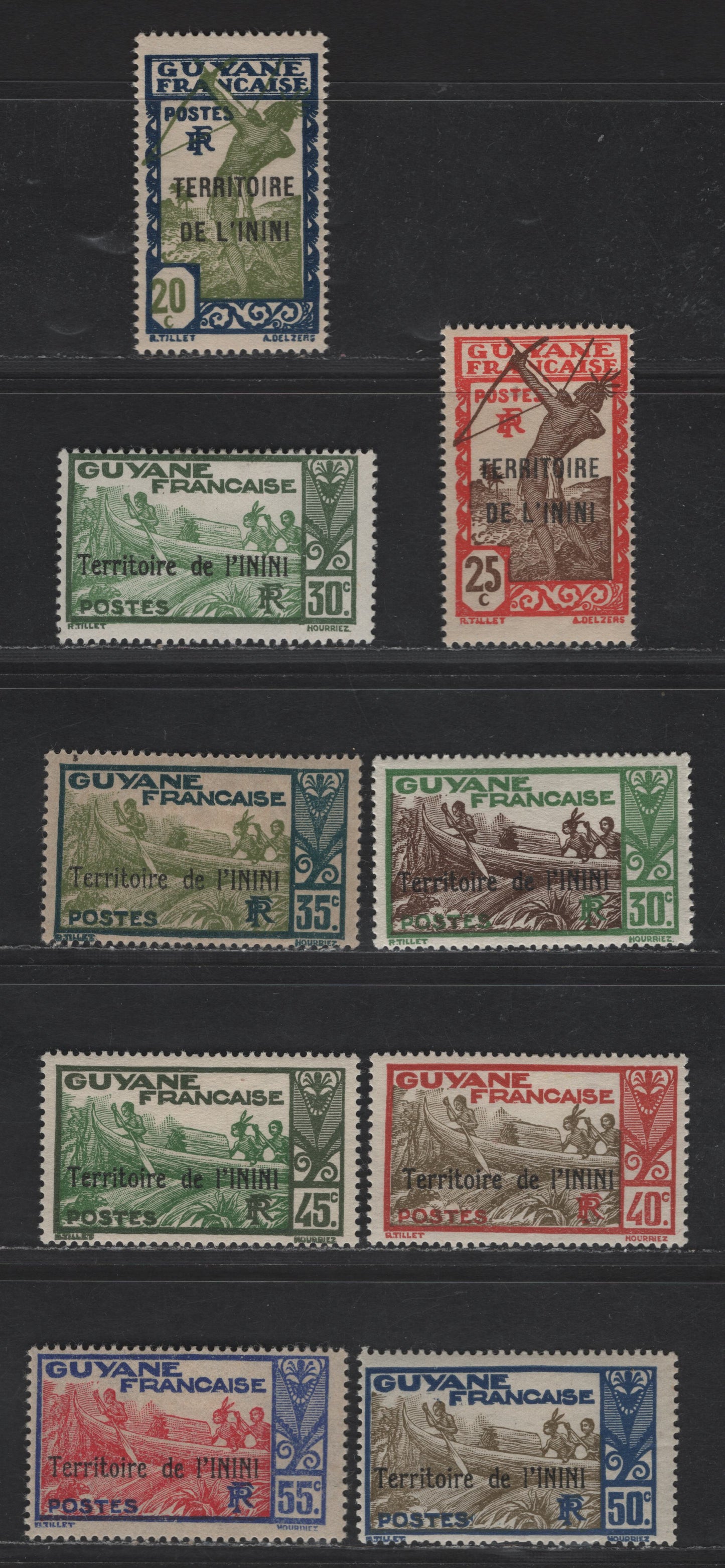 Lot 133 Inini SC#8-16 20c-55c Dark Blue & Olive Green - Violet Blue & Carmine Bowman - Boat, 1932-1940 French Guiana Overprinted Issue, 9 VFOG Singles