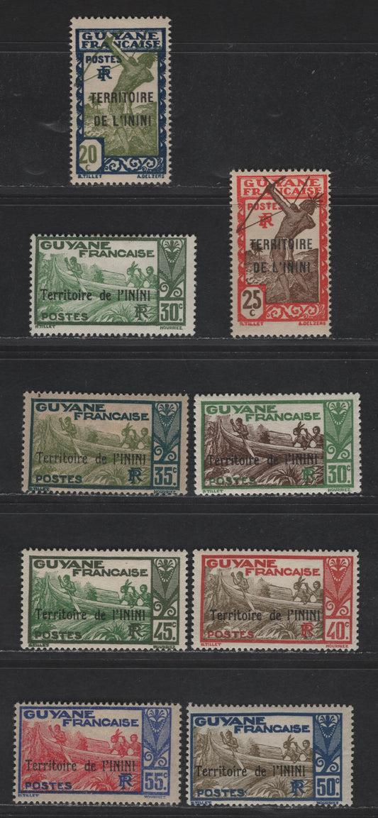 Lot 133 Inini SC#8-16 20c-55c Dark Blue & Olive Green - Violet Blue & Carmine Bowman - Boat, 1932-1940 French Guiana Overprinted Issue, 9 VFOG Singles