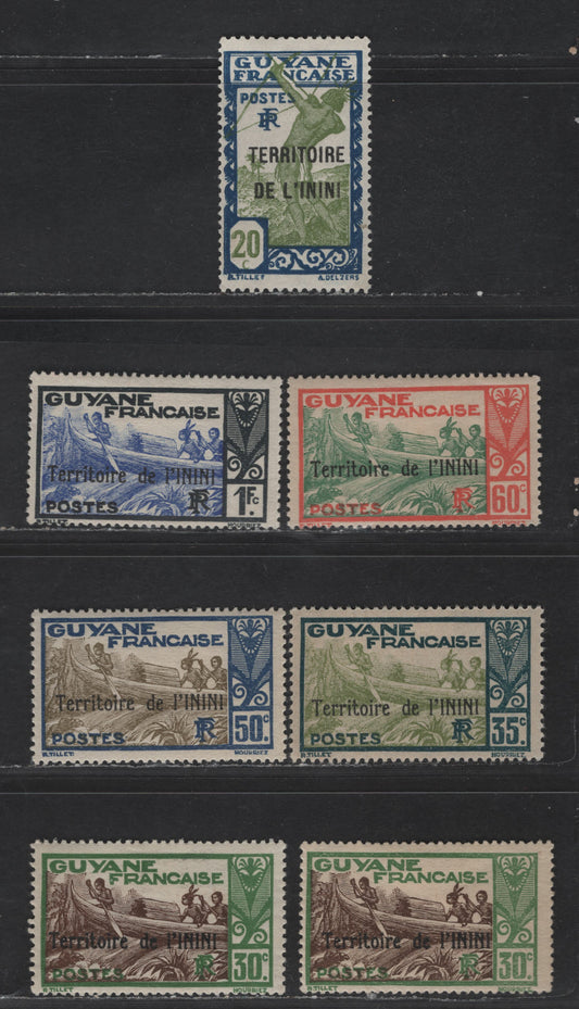 Lot 135 Inini SC#8, 10, 12, 15, 17, 26 20c - 1fr Dark Blue & Olive Green - Black & Violet Blue Bowman - Boat, 1932-1940 French Guiana Overprinted Issue, 7 VFOG Singles, Additional Shades, Different From Lots 133 & 134