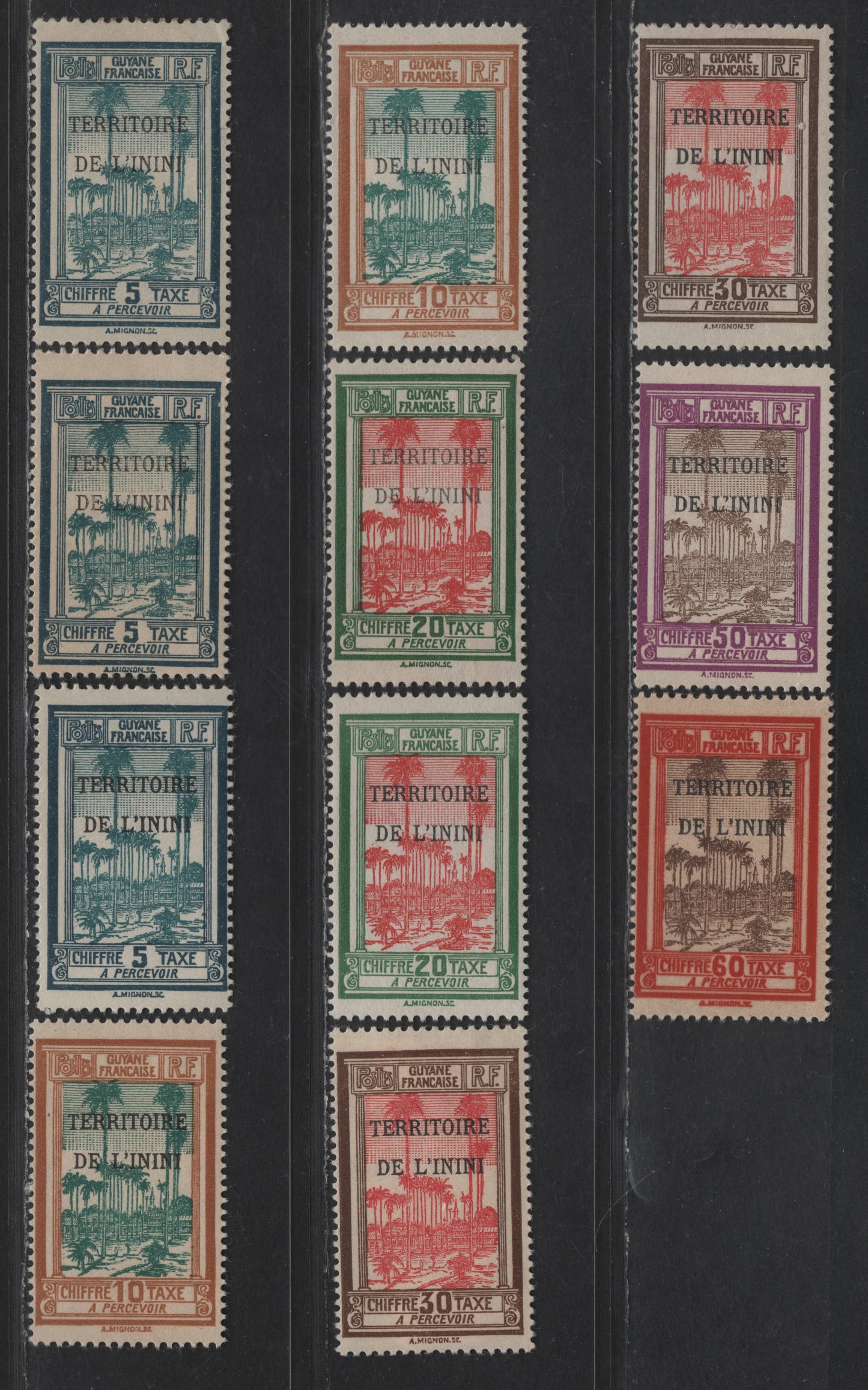 Lot 136 Inini SC#J1-J6 5c - 60c Indigo & Prussian Blue - Brown Red & Olive Brown Palm Trees, 1932 Postage Dues, 11 VFOG Singles, Additional Shades