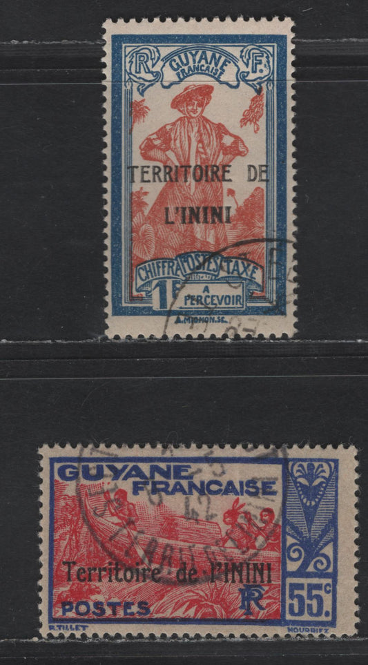 Lot 137 Inini SC#16, J7 55c - 1fr Violet Blue & Carmine - Deep Blue & Orange Brown Boat - Guiana Girl, 1932 French Guiana Overprints & Postage Due Issues, 2 Fine/Very Fine Used Singles