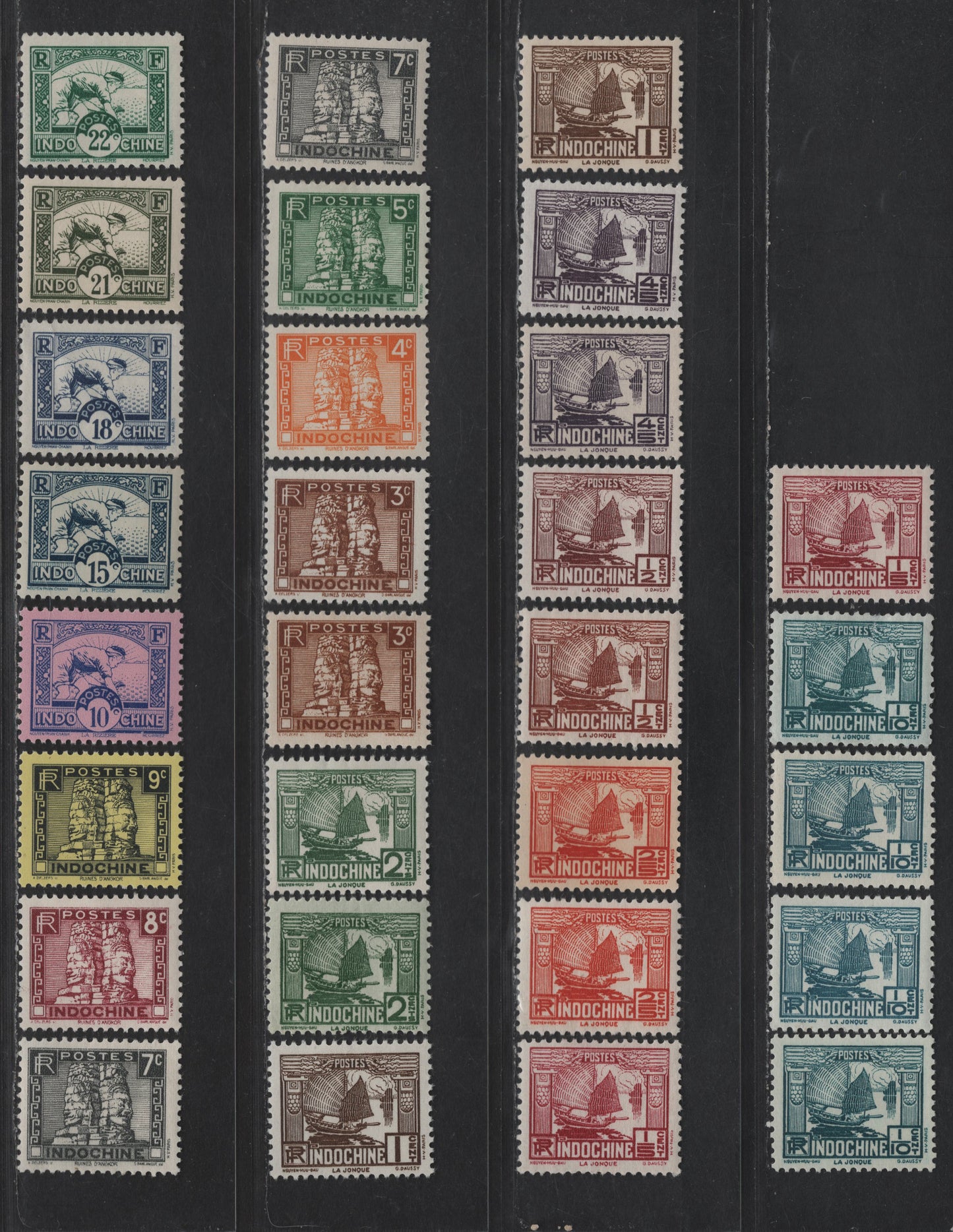 Lot 140 Indo-China SC#143-150, 153A, 154A, 156, 157-A, 158A, 160-161, 163-164 1/10c - 22c Prussian Blue - Dark Green Junk - Planting Rice, 1931-1941 Pictorial Definitives, 29 VFOG/NH Singles, Several NH, Most Hinged