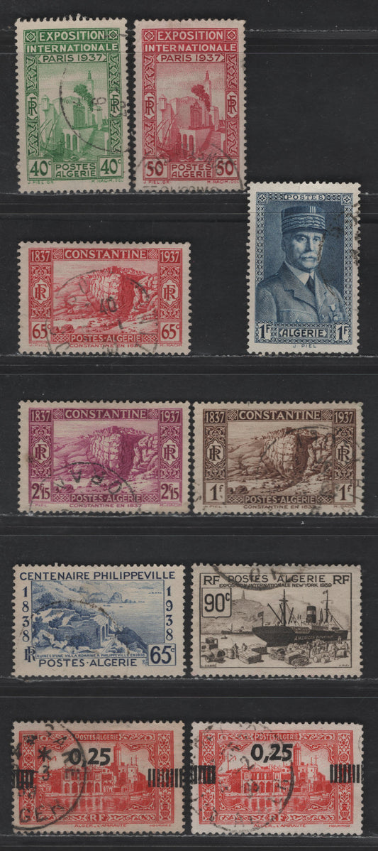 Lot 14 Algeria SC#109-110, 113-114, 116, 118, 135 40c - 1fr Bright Green - Dark Blue Algerian Pavillion - Marshal Petain, 1937-1941 Paris Exhibition - Marshal Petain Issues, 10 Very Fine Used Singles