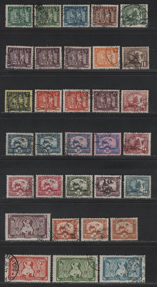 Lot 141 Indo-China SC#143-144, 148-155, 157A, 158-A, 162-163, 168-A, 169-170, 214A 1/10c - 2pi Prussian Blue - Red Junk - Planting Rice, 1931-1941 Definitive Issues, 32 Very Fine Used Singles With Additional Shades