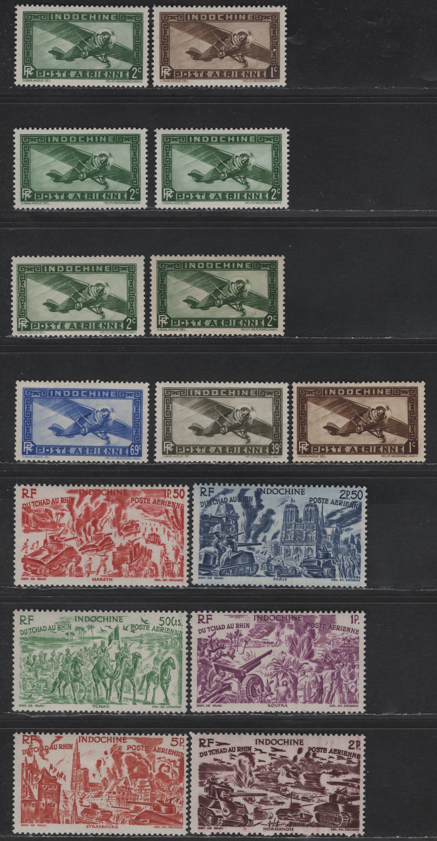 Lot 142 Indo-China SC#C1-C2, C10A, C13A, C20-C23 1c - 5pi Olive Brown - Orange Red Airplane - Chad to Rhine, 1933-1946 Airmail Issues, 15 F/VFOG Singles With Additional Shades