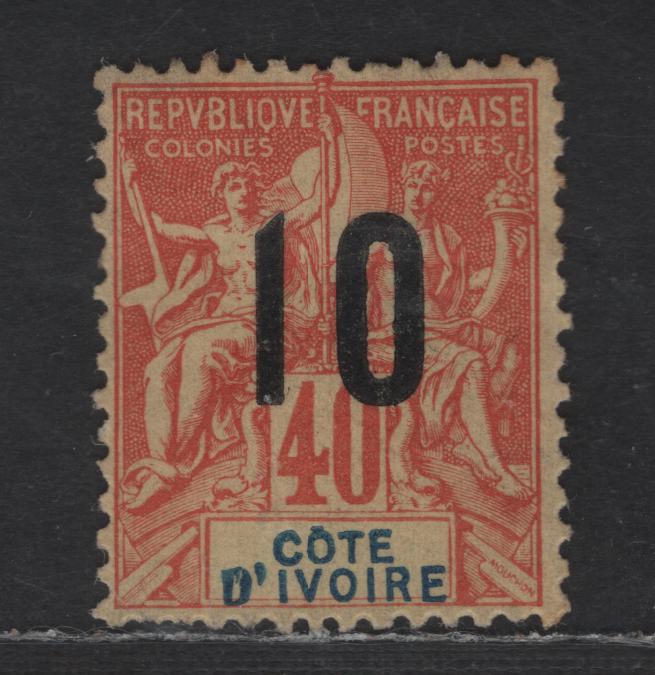 Lot 144 Ivory Coast SC#39b 10c on 40c Red on Straw Navigation & Commerce, 1912 Surcharged Issue, A VGOG Single, 2.75mm Space Between 1 & 0, Some Short Perfs