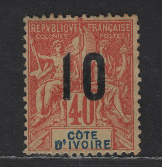 Lot 144 Ivory Coast SC#39b 10c on 40c Red on Straw Navigation & Commerce, 1912 Surcharged Issue, A VGOG Single, 2.75mm Space Between 1 & 0, Some Short Perfs