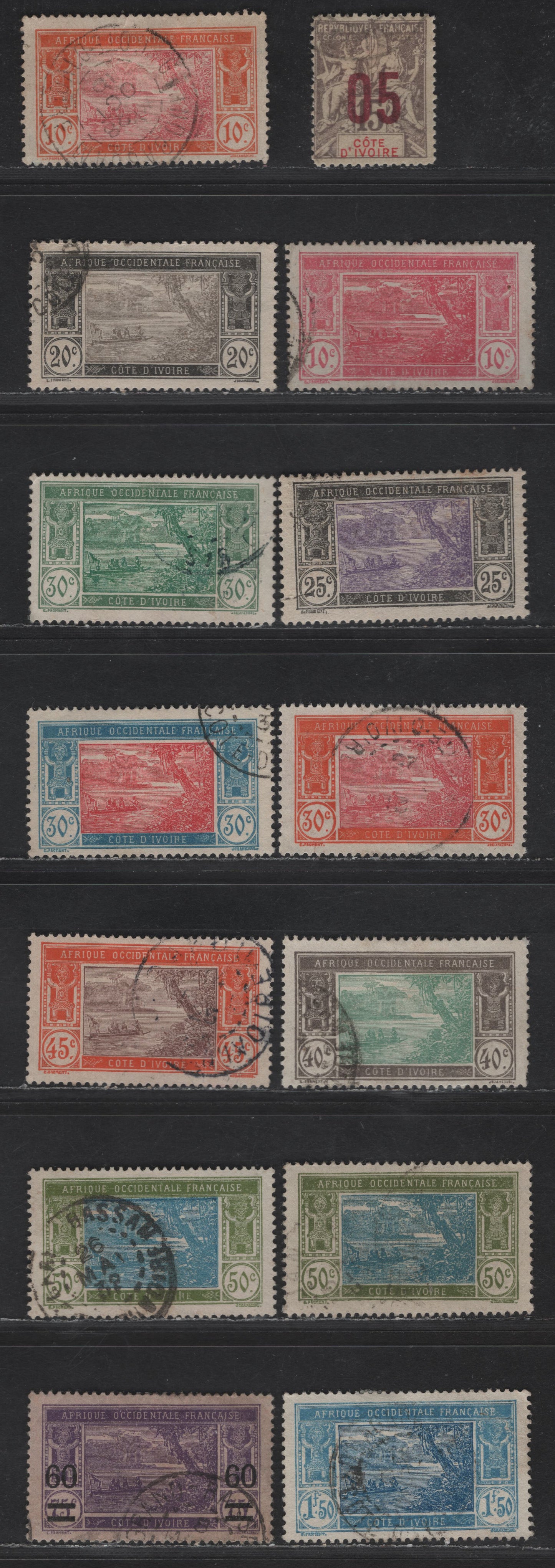 Lot 145 Ivory Coast SC#37, 47a, 49, 51, 53, 55-57, 59-60, 64, 73, 81 5c on 15c - 60c on 75c Gray - Violet on Pinkish Navigation & Commerce - River Scene, 1912-1935 Surcharge & Pictorial Issues, 13 Fine/Very Fine Used Singles
