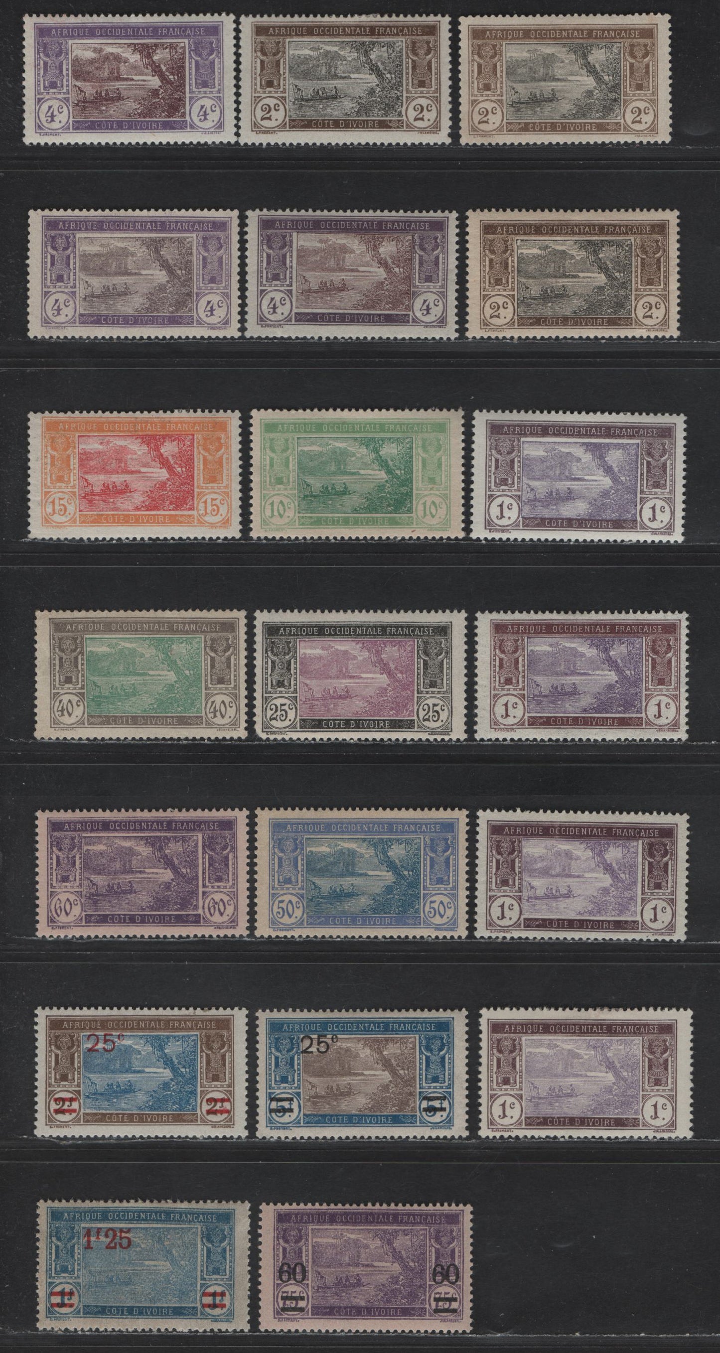 Lot 146 Ivory Coast SC#42-44, 48, 50, 53, 59, 63, 65, 81, 84-85, 87 1c - 1.25fr Brown & Violet - Dark Blue & Ultramarine River View, 1913-1935 Definitive Issue, 20 F/VFOG Singles With Shade Varieties