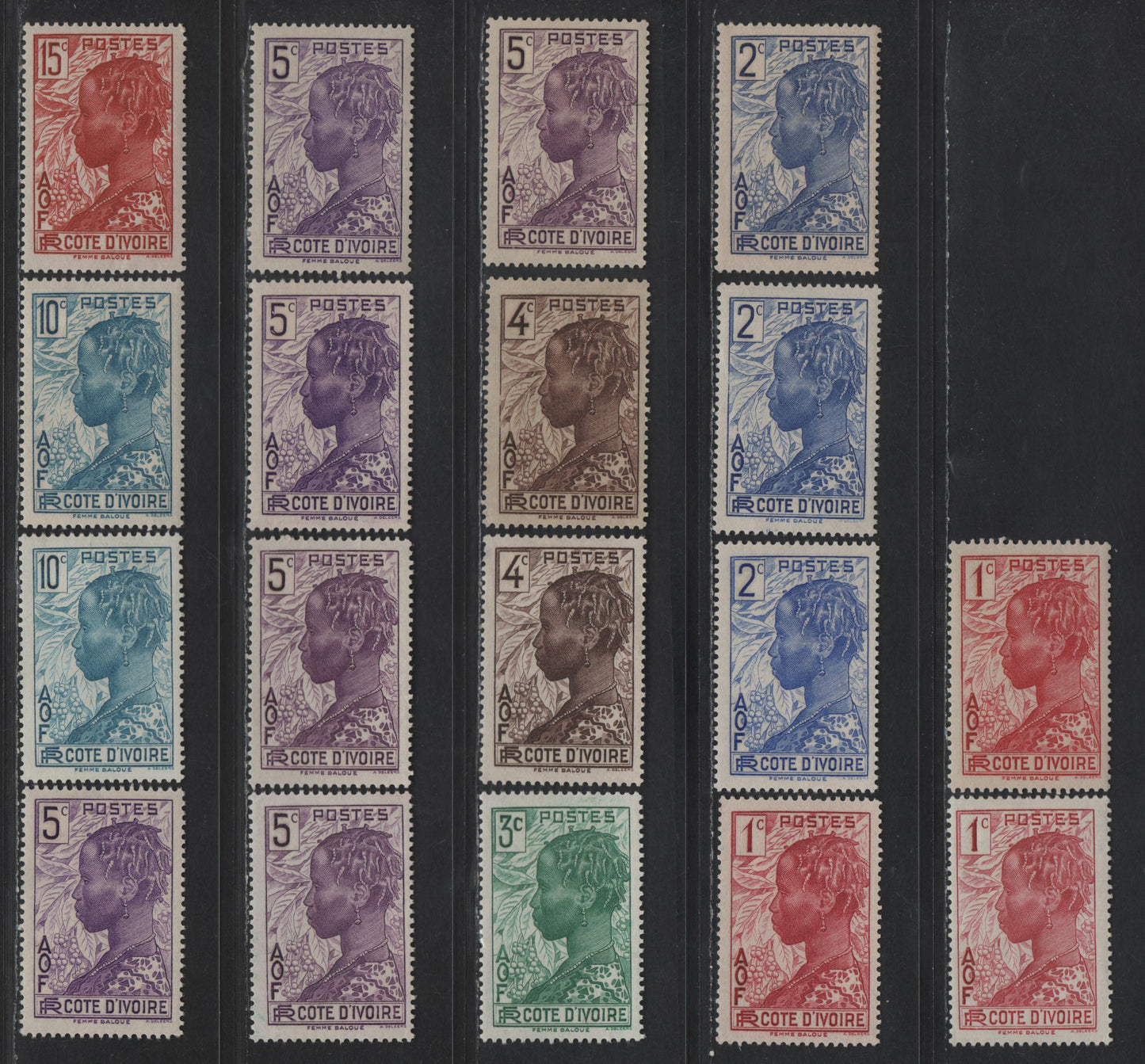 Lot 147 Ivory Coast SC#112-118 1c - 15c Carmine Rose - Copper Red Baoule Woman, 1936-1944 Definitive Issue, 18 F/VFOG Singles With Numerous Shades