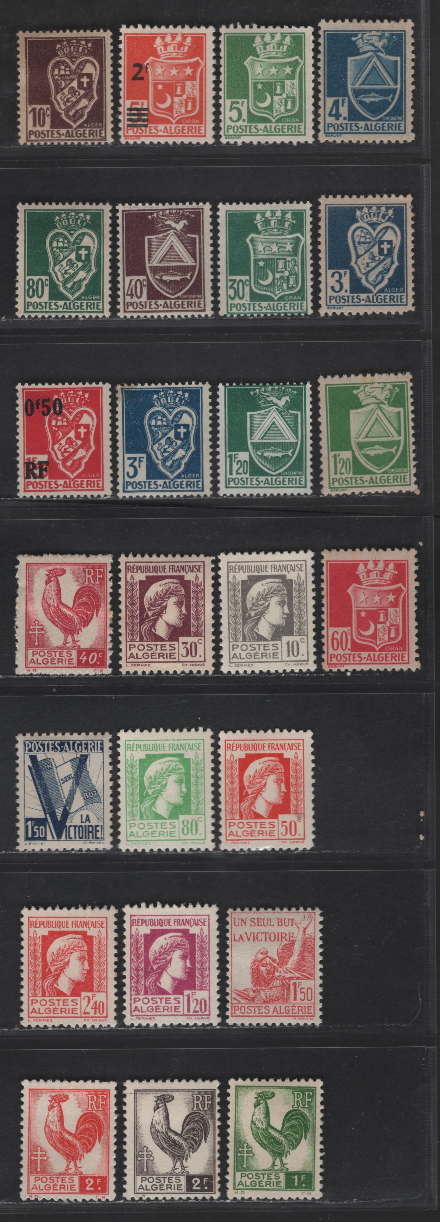 Lot 15 Algeria SC#148/157, 139/146, 166, 190, 164-165, 172/182 60c - 2.40fr Rose - Rose Red Oran - Marianne, 1942-1945 Arms & Mariane Definitives, 25 F/VFOG Singles, With & Without Imprint
