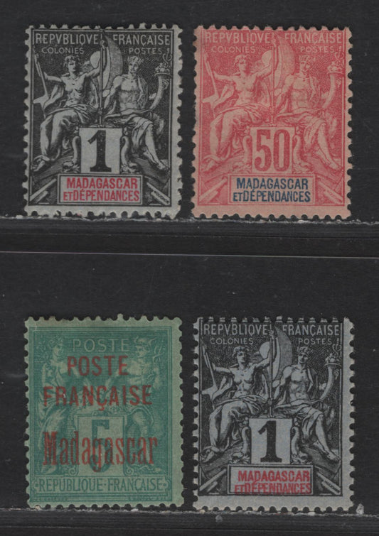 Lot 151 Madagascar SC#14, 28, 43 5c - 50c Green on Greenish - Carmine on Rose Navigation & Commerce, 1895-1906 Definitive Issues, 4 FOG & Unused Singles, No Gum on 50c