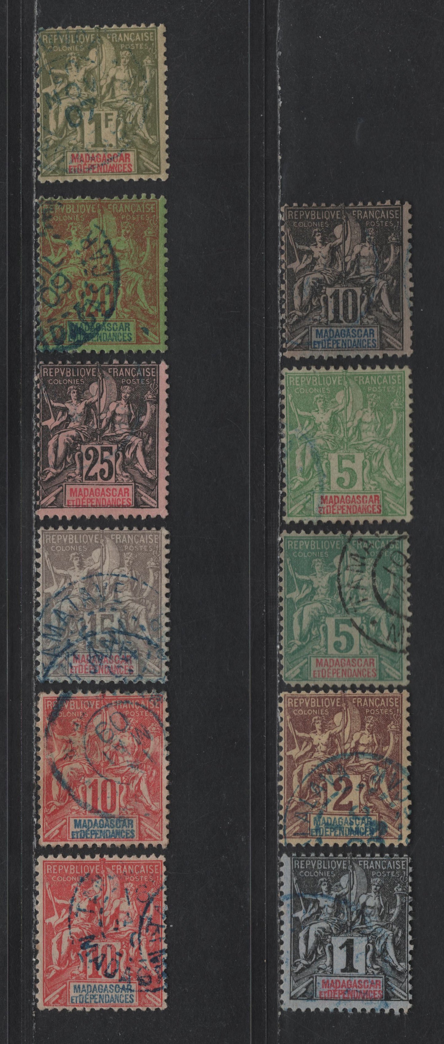 Lot 152 Madagascar SC#28-29, 31-34, 36-38, 46 1c - 1fr Black on Lilac Brown - Bronze Green on Straw Navigation & Commerce, 1896-1906 Definitive Issue, 11 Fine/Very Fine Used Singles