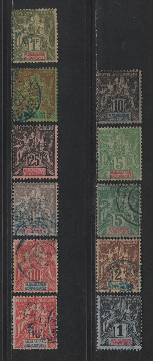 Lot 152 Madagascar SC#28-29, 31-34, 36-38, 46 1c - 1fr Black on Lilac Brown - Bronze Green on Straw Navigation & Commerce, 1896-1906 Definitive Issue, 11 Fine/Very Fine Used Singles